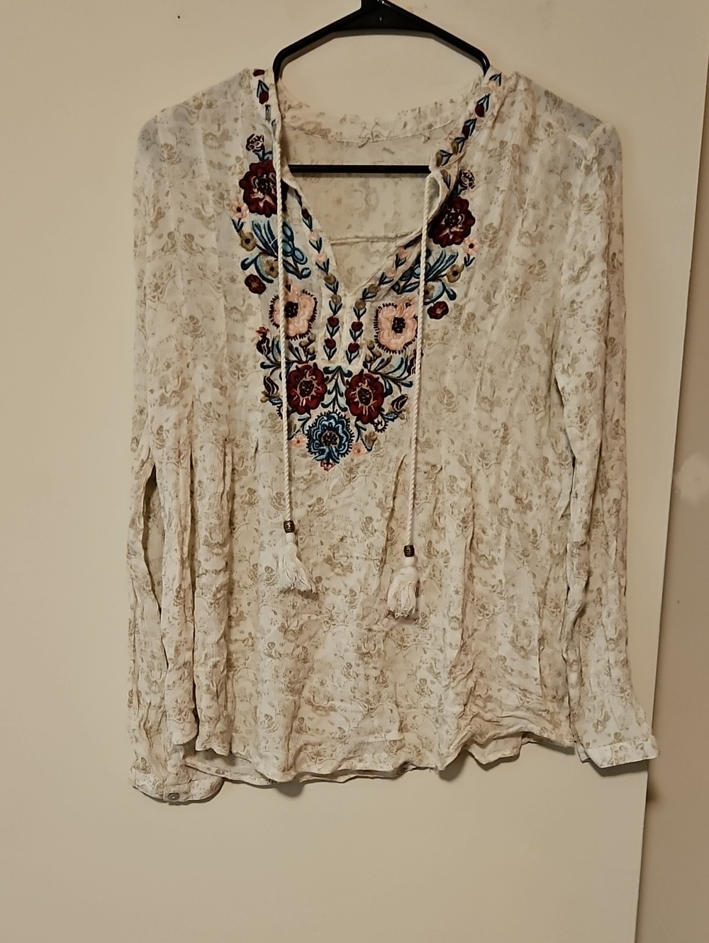 Ivory Floral Embroidered V-Neck Tunic with Tassel Ties